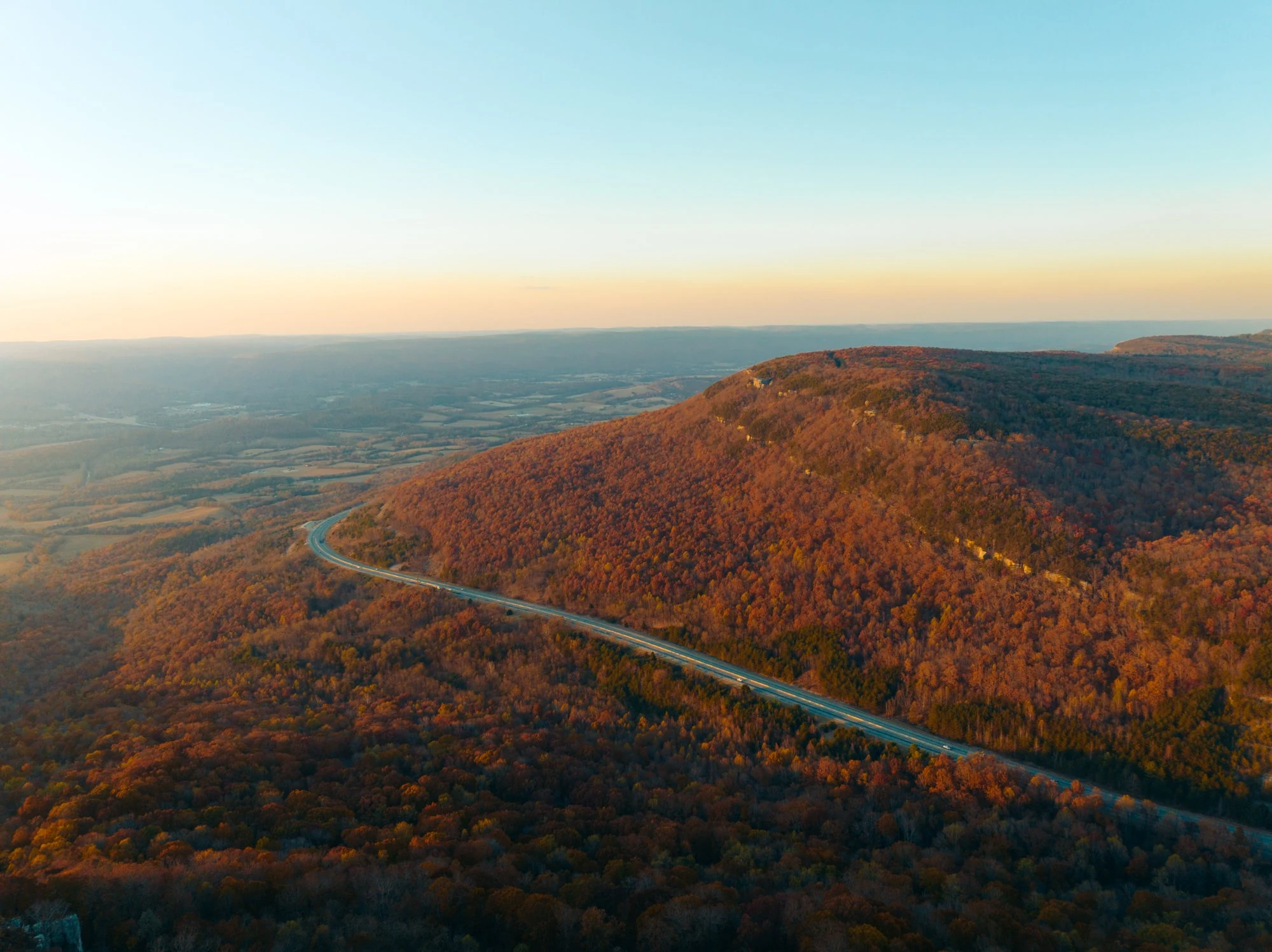 Aerial panorama of fall foliage across the Sequatchie Valley from The A-Frame on the Cumberland Plateau