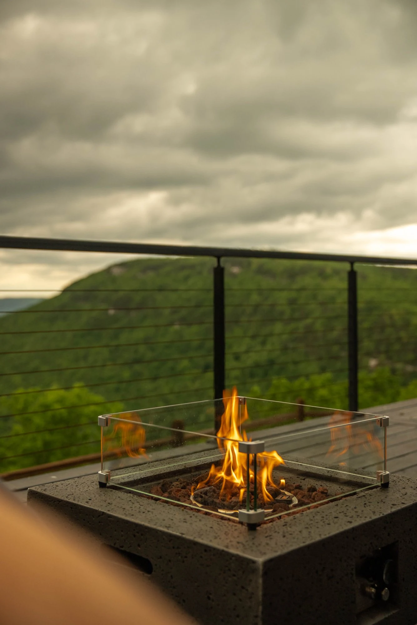Deck fire pit with Sequatchie Valley view at The A-Frame Tennessee