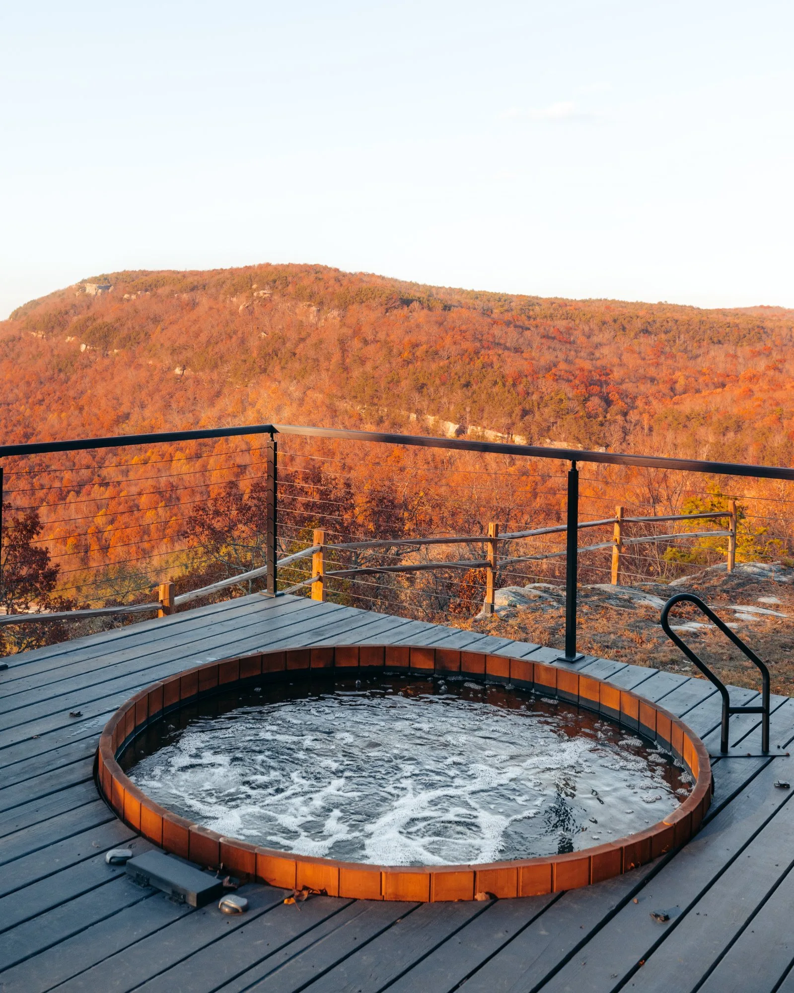 Alaskan cedar hot tub with fall foliage mountain views at The A-Frame bluffside retreat, Tennessee