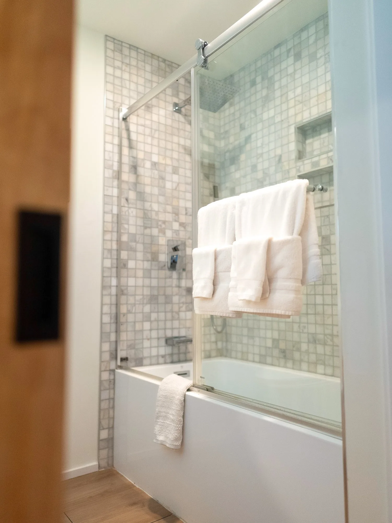 Second bathroom with marble mosaic tile shower at The A-Frame Tennessee