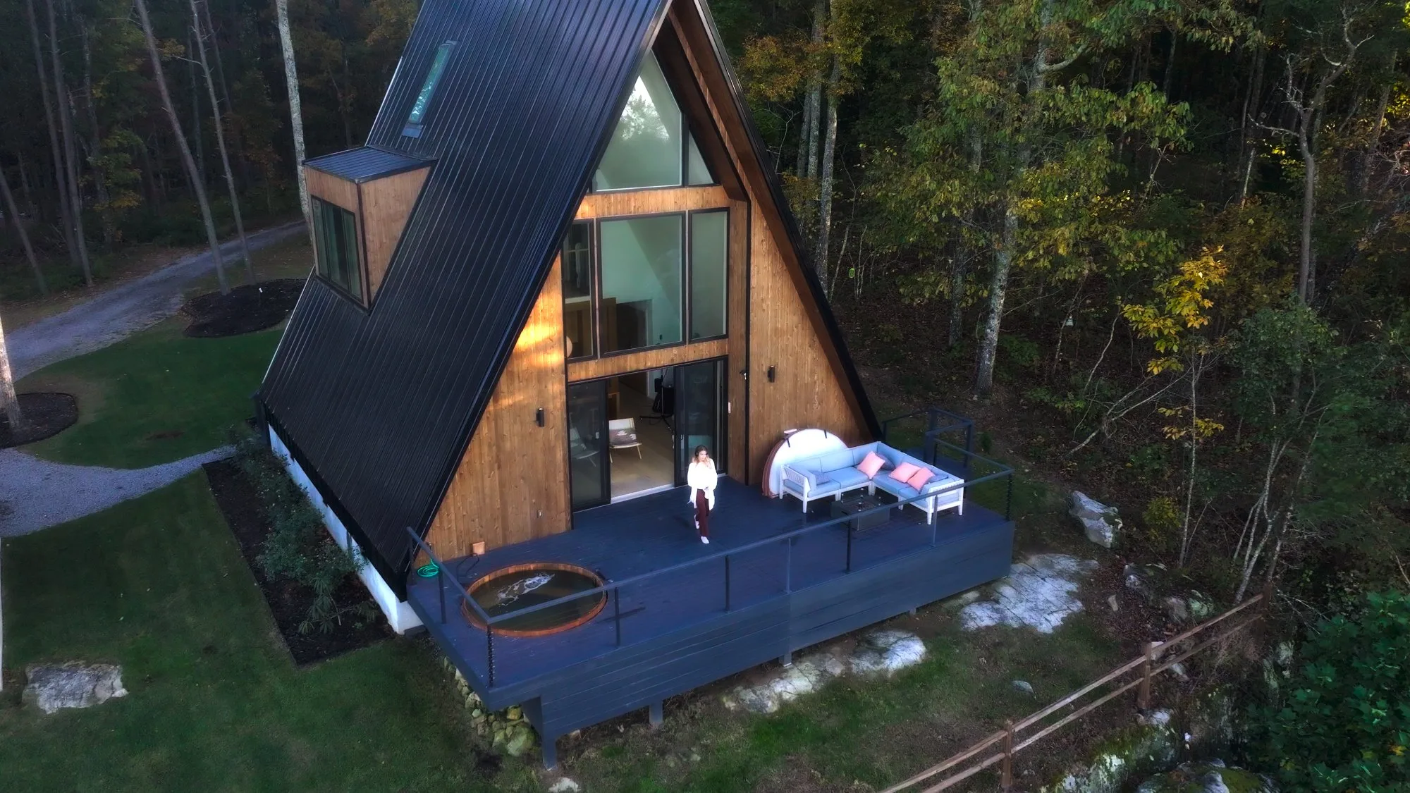 Aerial view of The A-Frame full deck with hot tub sofa and bluff edge Tennessee